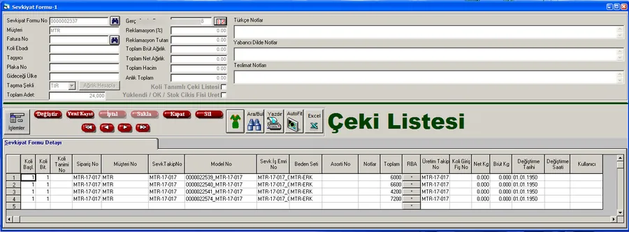 Sevkiyat formu ve çeki listesi ekranı: koli, model, beden seti ve net/brüt kilogram bilgileri