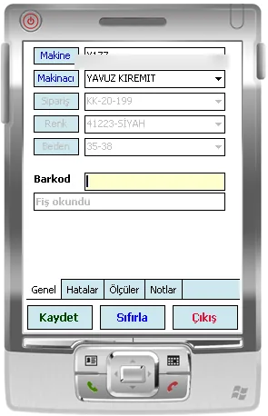 Örme mobil kalite kontrol ekranı: makine, makineci ve barkod alanlarıyla el terminali formu