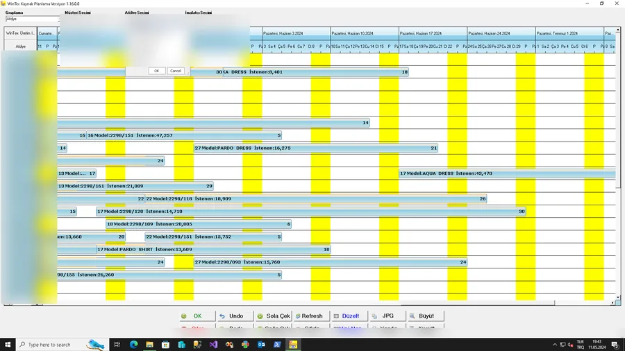 GANTT Chart ekranı: fason atölyelerin haftalık kapasite ve zaman planlaması